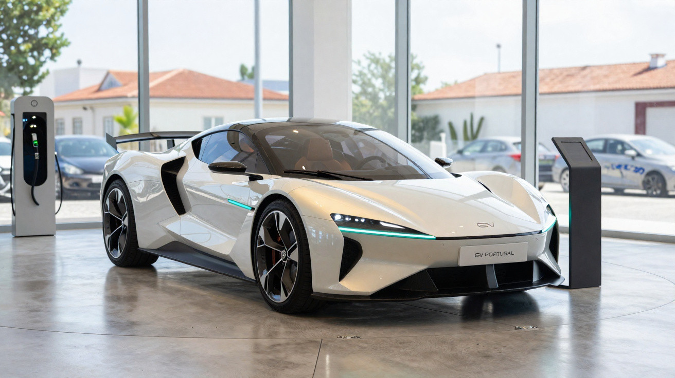 Weißer Elektro-Sportwagen in einem Showroom neben Ladestation und Informationsdisplay.