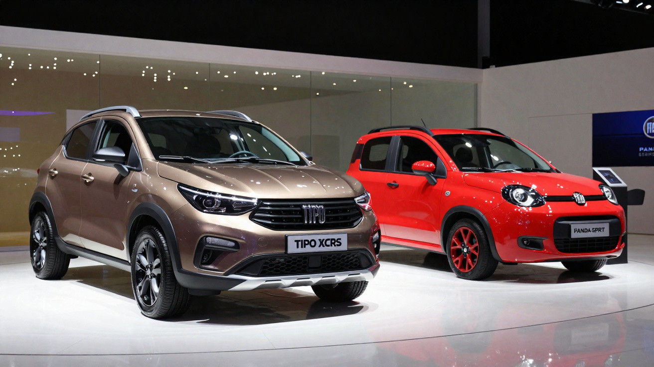 Zwei ausgestellte Autos, ein brauner Fiat Tipo XCRS und ein roter Fiat Panda Sport, auf einer hellen Messebühne.