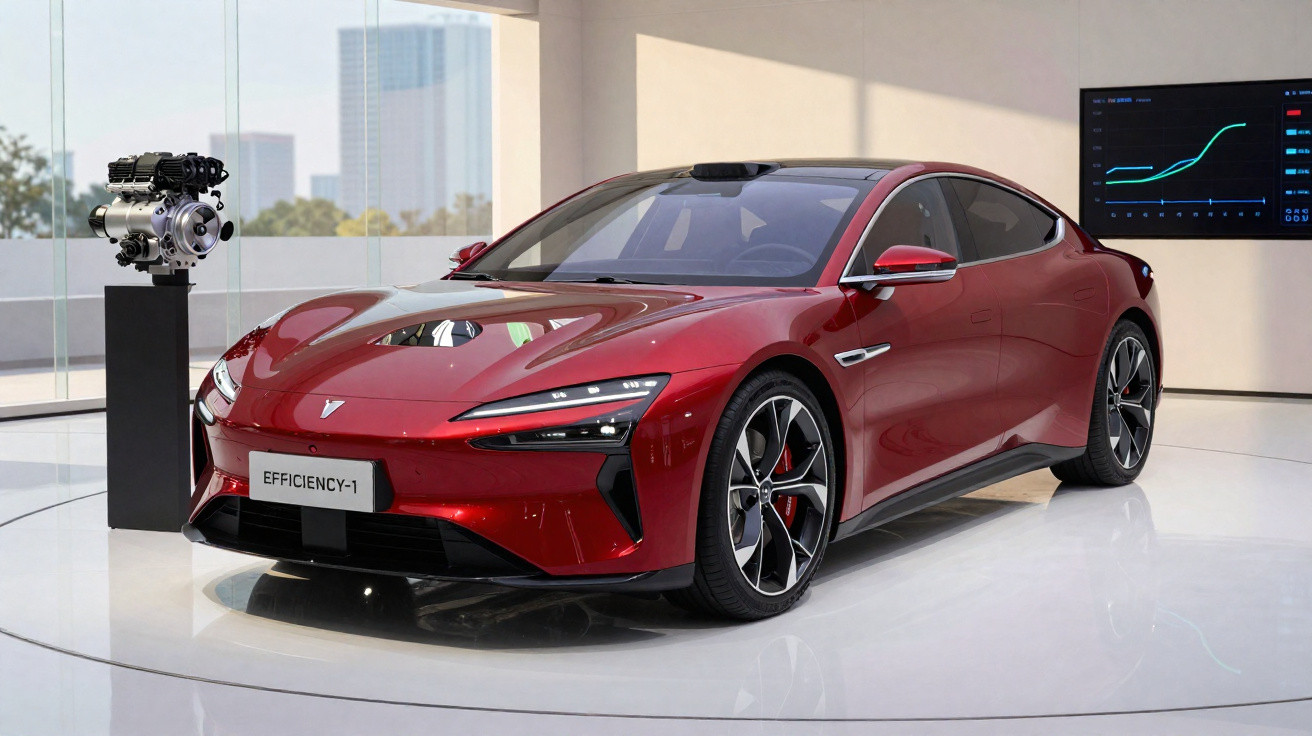 Rotes Elektroauto Efficiency-1 in moderner Ausstellungshalle mit Motormodell und Digitalanzeige im Hintergrund.