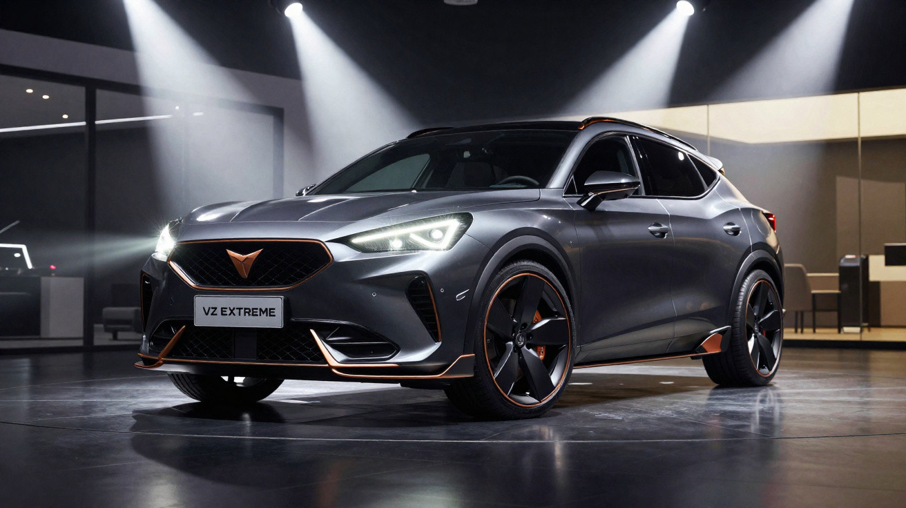 Grauer sportlicher Cupra VZ Extreme SUV mit LED-Scheinwerfern in beleuchteter Halle, seitliche Frontansicht.