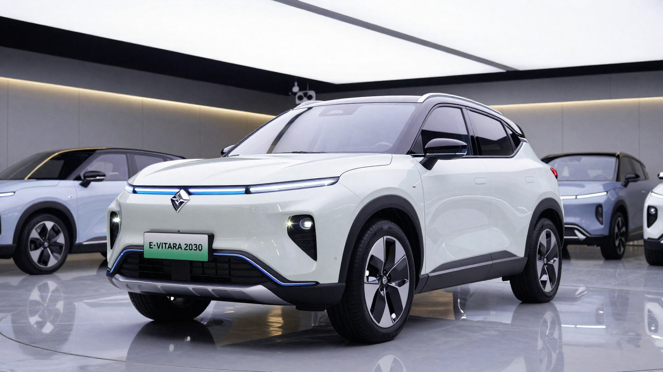 Weißer Suzuki E-Vitara 2030 Elektro-SUV im Showroom mit modernem, minimalistischem Design.