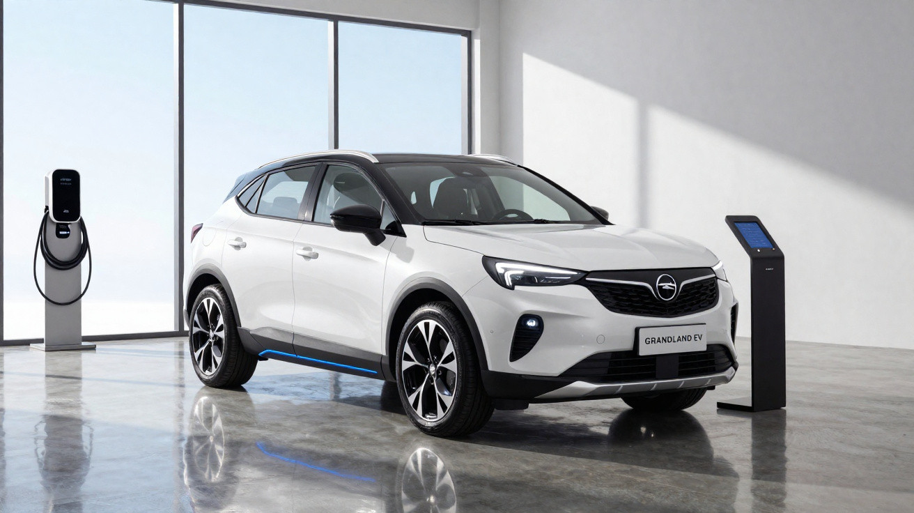 Weißes Elektro-SUV Opel Grandland EV steht in modernem Raum neben Ladestation und Infoterminal.