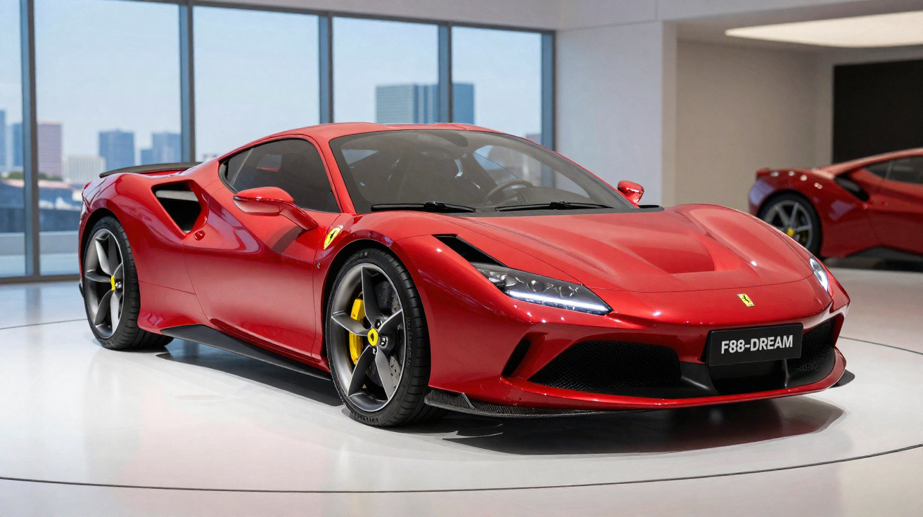 Roter Ferrari F8-Sportwagen in einer hellen Ausstellungshalle mit großen Fenstern und Skyline im Hintergrund.