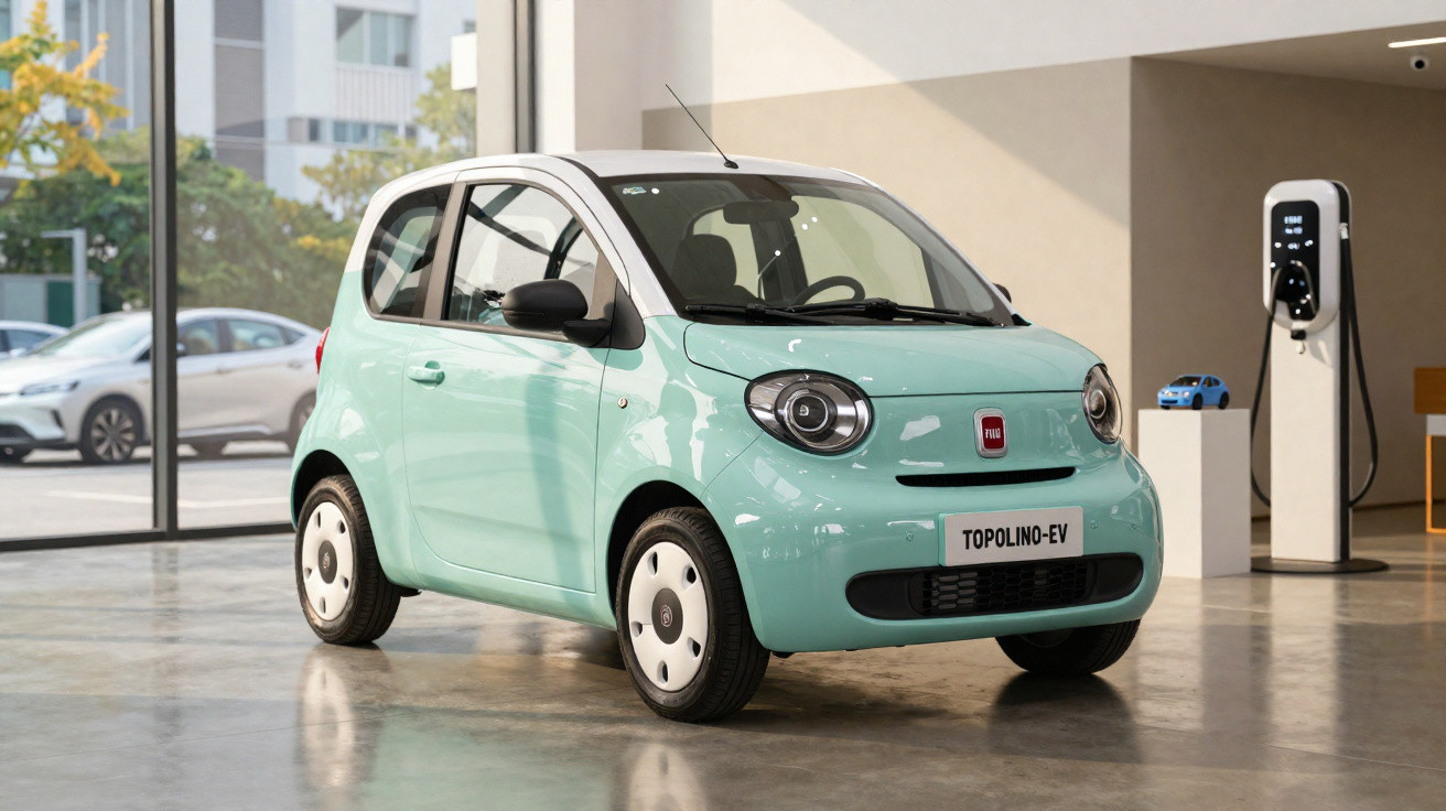 Fiat Topolino-EV Elektro-Kleinwagen in Mintgrün in einem hellen Showroom mit Ladestation.