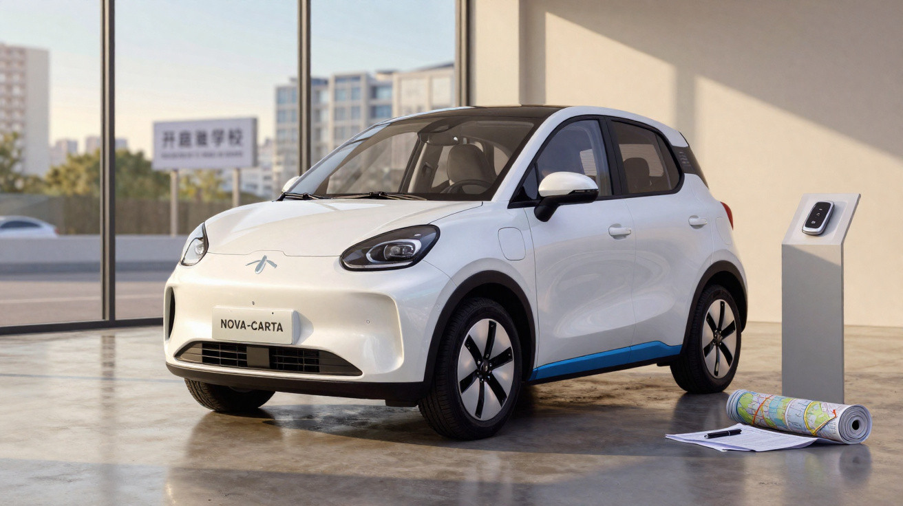 Kleines weißes Elektroauto Nova-Carta in modernem Innenraum neben Ladestation und Plänen auf Boden.