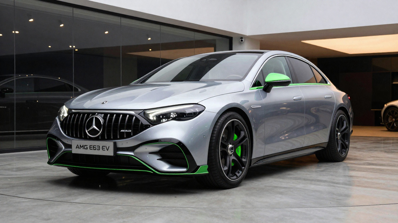 Silberner Mercedes-AMG E63 EV mit grünen Akzenten in moderner Garage stehend.