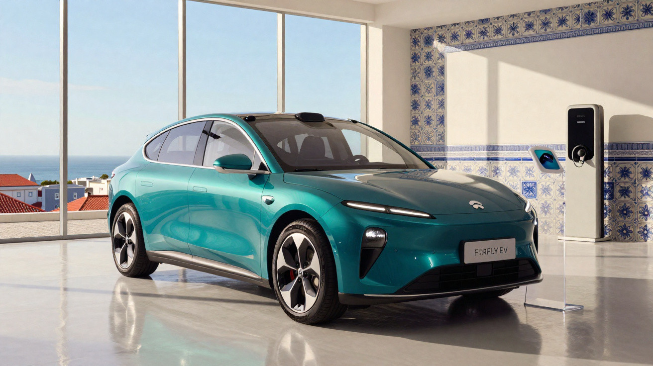 Türkisfarbener Elektroauto-Coupé steht in modernem Raum mit großem Fenster und Ladestation an der Wand.