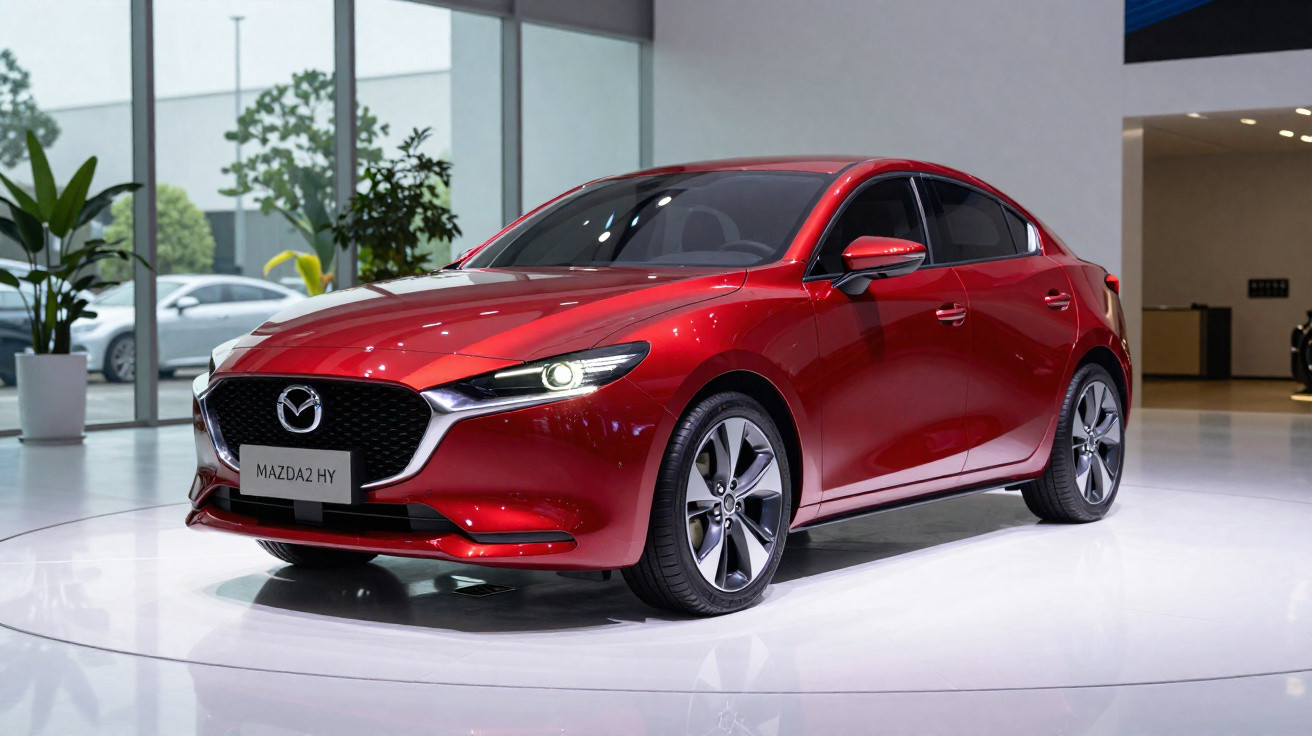 Roter Mazda 2 HY Stadtauto auf hell glänzendem Boden in modernem Ausstellungsraum.