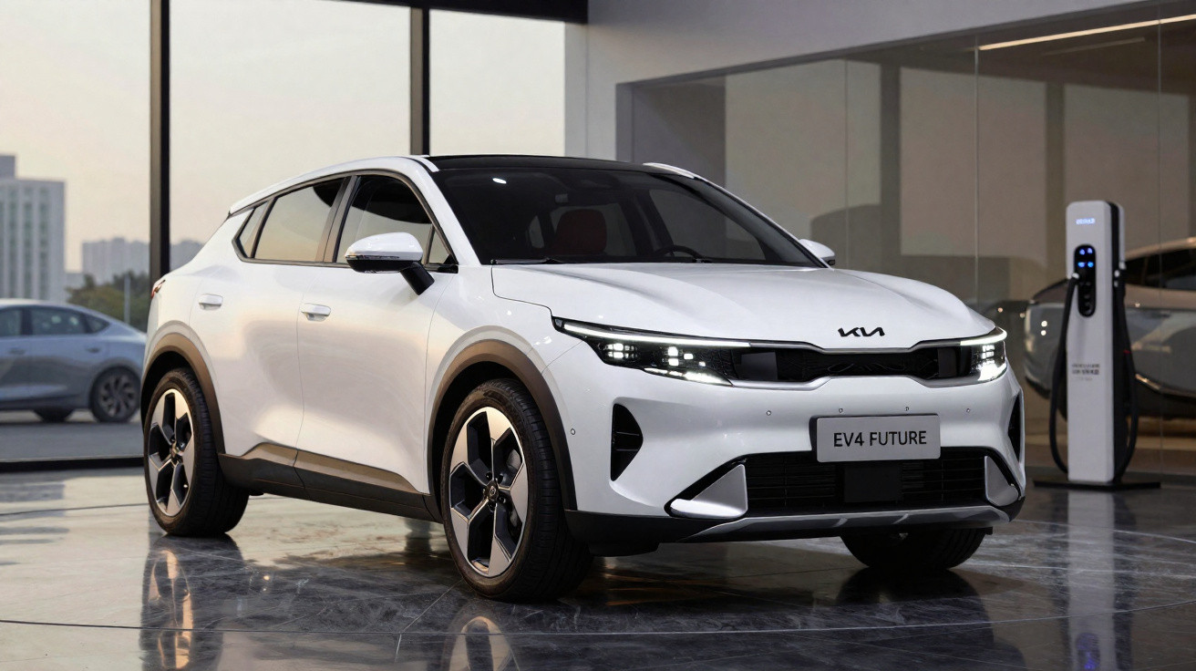 Weißes Elektroauto Kia EV4 Future in moderner Ausstellungshalle, Ladestation im Hintergrund.
