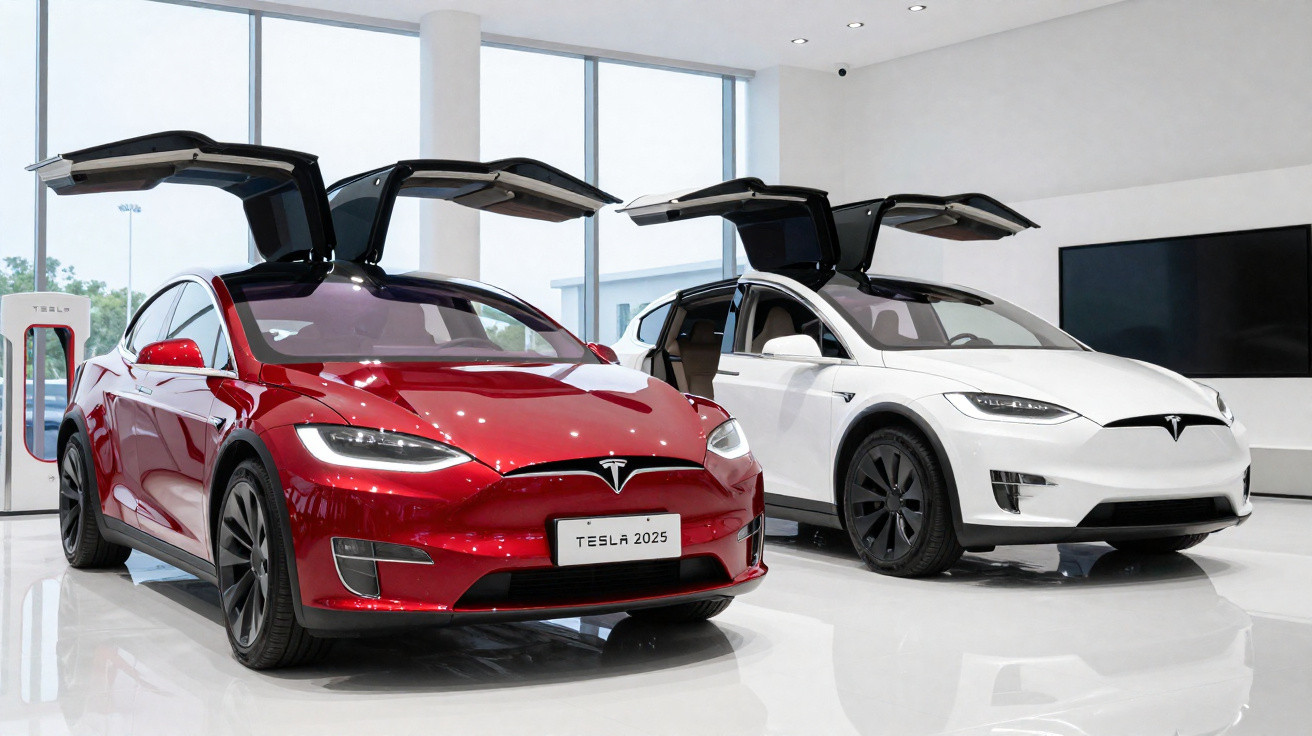 Zwei Tesla Model X SUV mit geöffneten Flügeltüren, rot und weiß, in einem modernen Showroom.