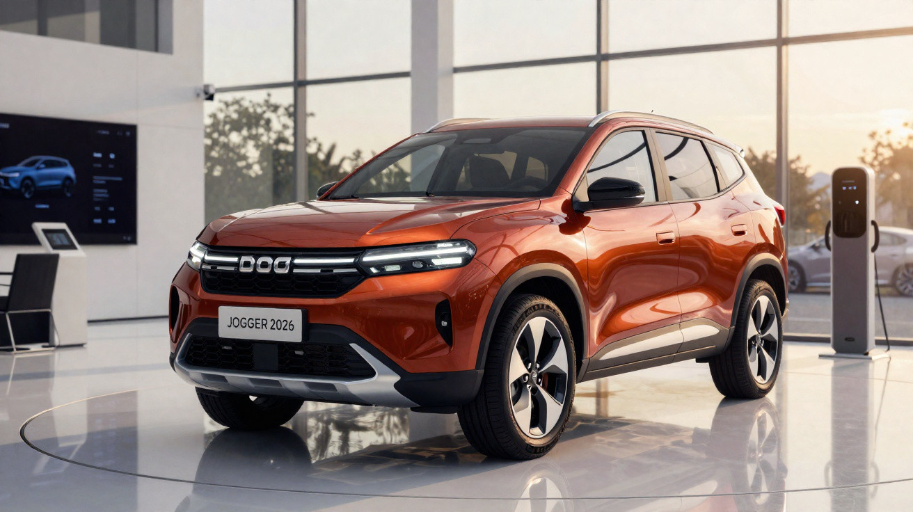 Roter Dacia Jogger 2026 SUV in moderner Ausstellung mit großen Fenstern und Ladestation im Hintergrund.