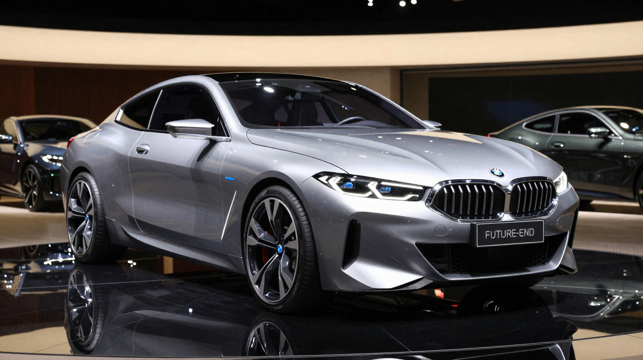 Silberner BMW Future-End Sportwagen auf glänzendem Ausstellungsboden vor dunklem Hintergrund im Showroom.