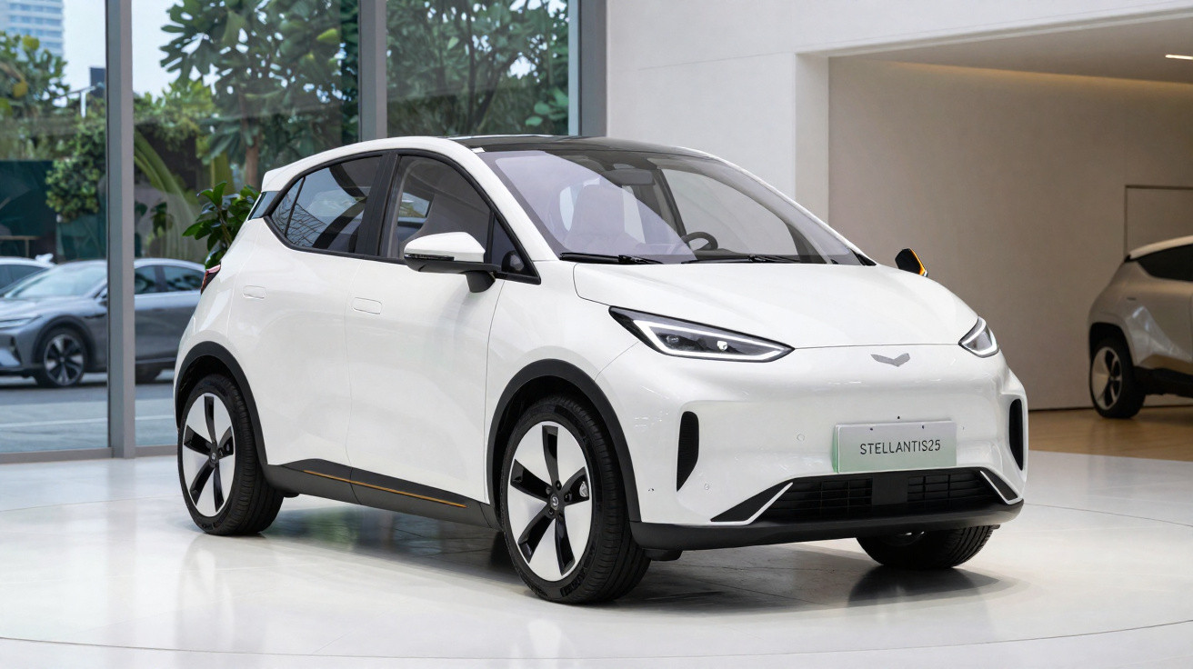 Weißes kompaktes Elektroauto im Showroom mit hoher Front und aerodynamischem Design.