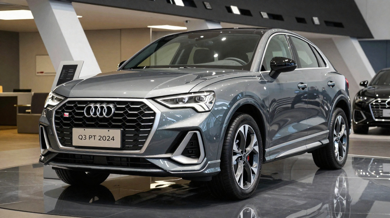 Audi Q3 PT 2024 in metallicgrau, stehend in einem modernen Autohaus, Front- und Seitenansicht sichtbar.