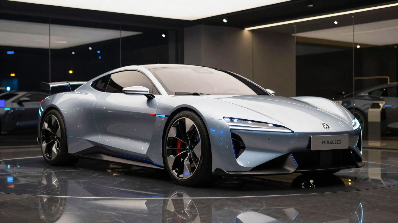 Silberner Sportwagen mit futuristischem Design und LED-Scheinwerfern in moderner Ausstellungshalle.