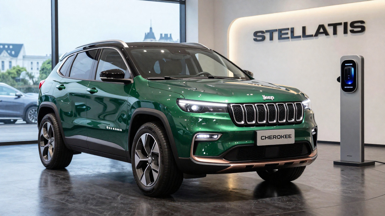 Grüner Jeep Cherokee SUV steht in hellem Showroom neben Ladestation mit Stellantis-Logo an der Wand.