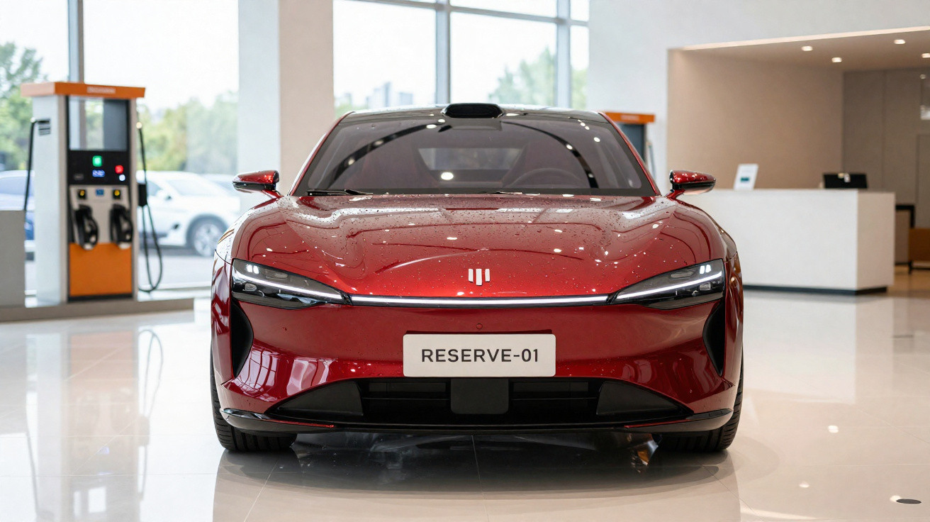 Roter Elektro-Sportwagen mit RESERVE-01 Nummernschild in modernem Showroom vor Ladestation.
