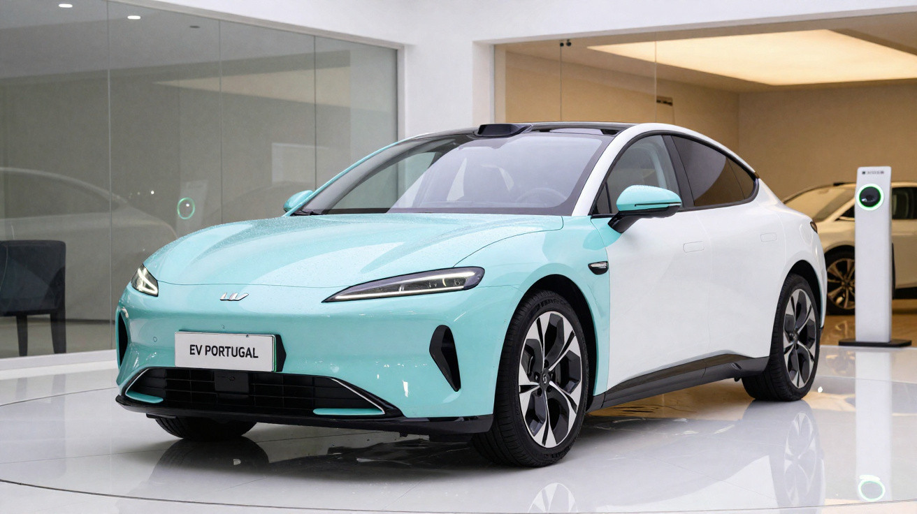 Elektroauto in Hellblau und Weiß steht in modernem Showroom mit Ladestation im Hintergrund.