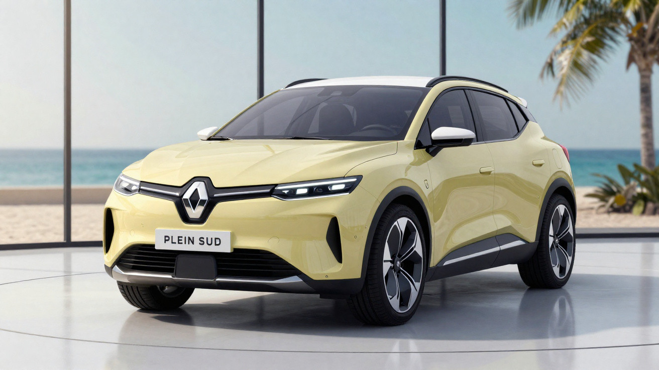 Beiger Renault SUV in modernem Showroom mit Blick auf Strand und Meer im Hintergrund.