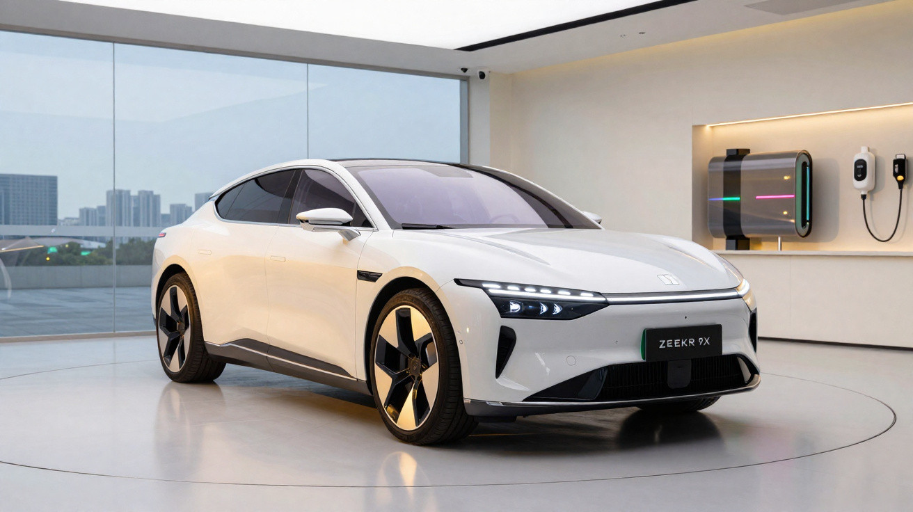 Weißes Elektroauto Zeekr PX in modernem Showroom mit Ladestationen und großem Panoramafenster.