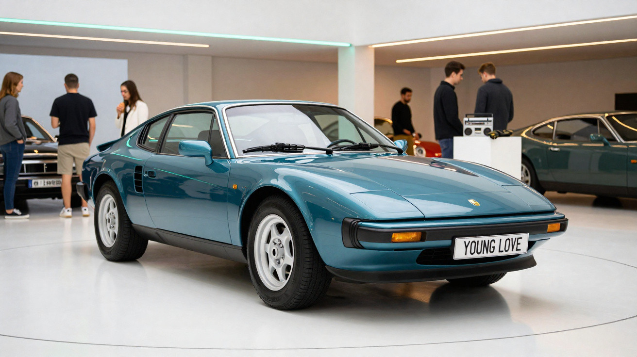 Blauer Porsche 924 Sportwagen mit „YOUNG LOVE“ Kennzeichen in einer hellen Ausstellungshalle mit Besuchern.