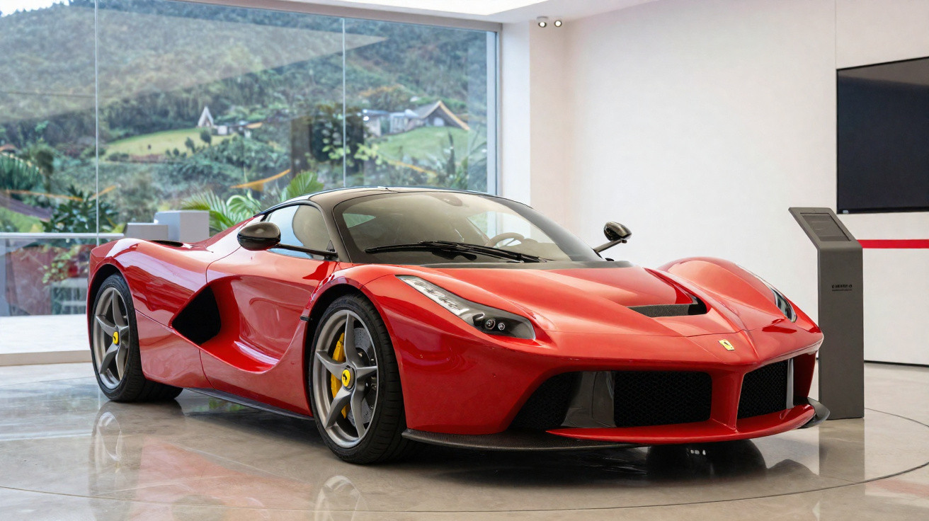 Roter Ferrari Sportwagen in einer modernen Galerie mit großer Glasfront und Bergblick.