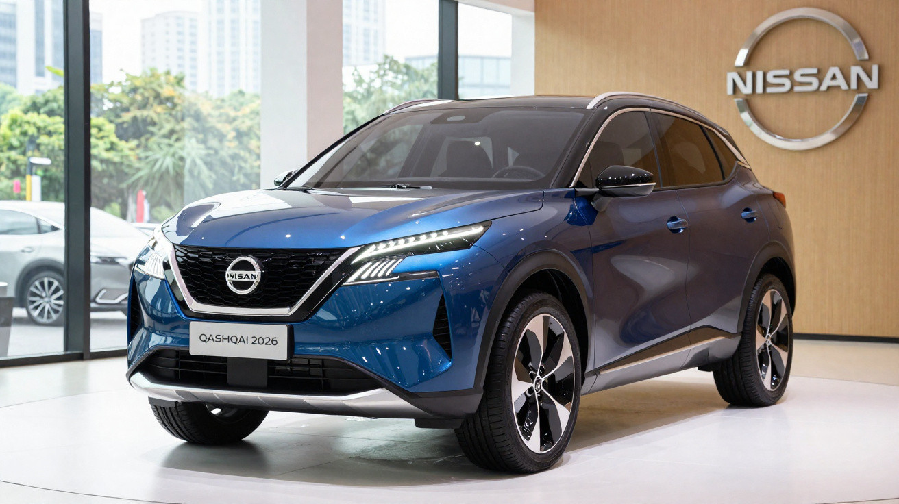 Blauer Nissan Qashqai 2026 SUV steht in einem Ausstellungsraum mit Nissan-Logo an der Wand.