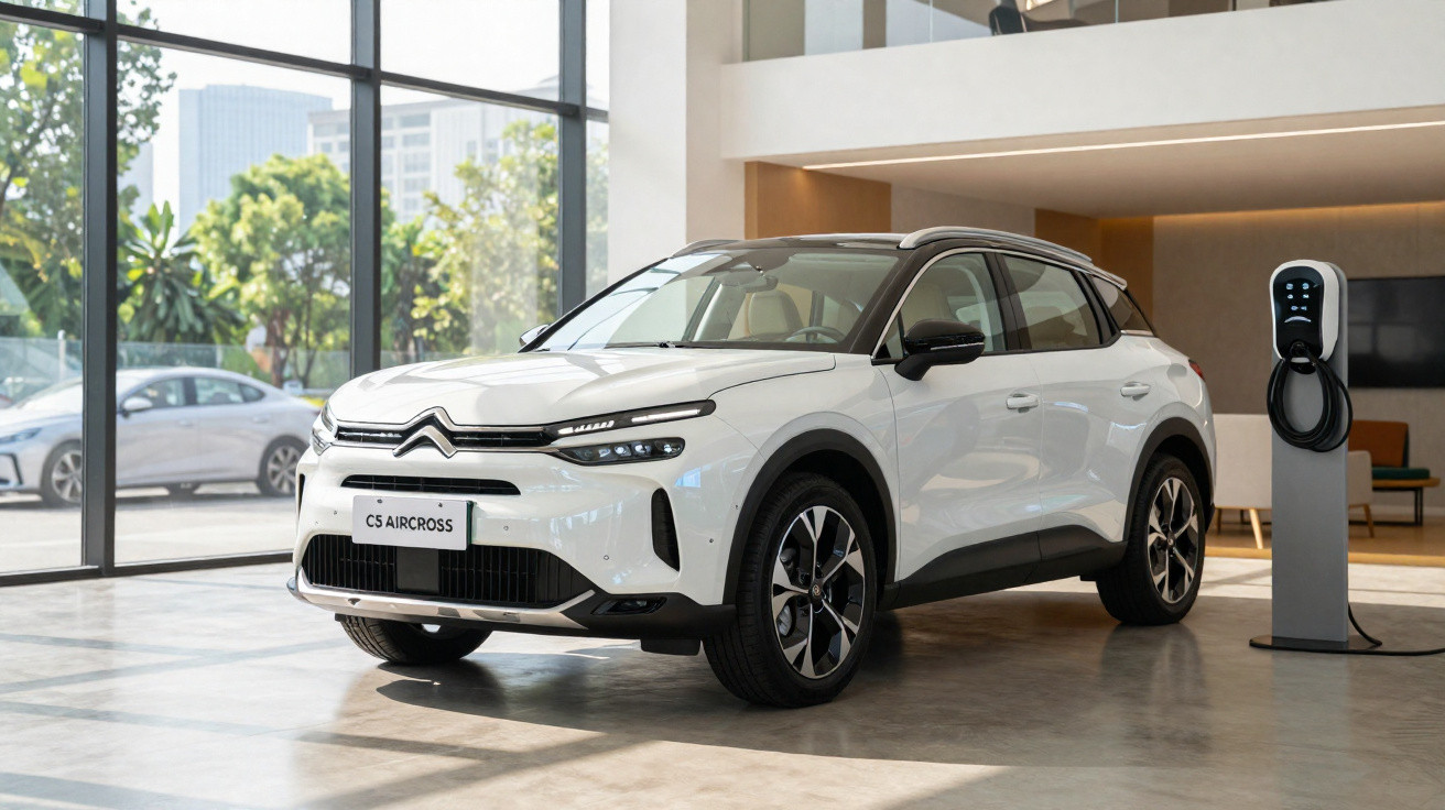 Weißer Citroën C5 Aircross SUV in hellem Showroom neben Ladestation für Elektroautos.