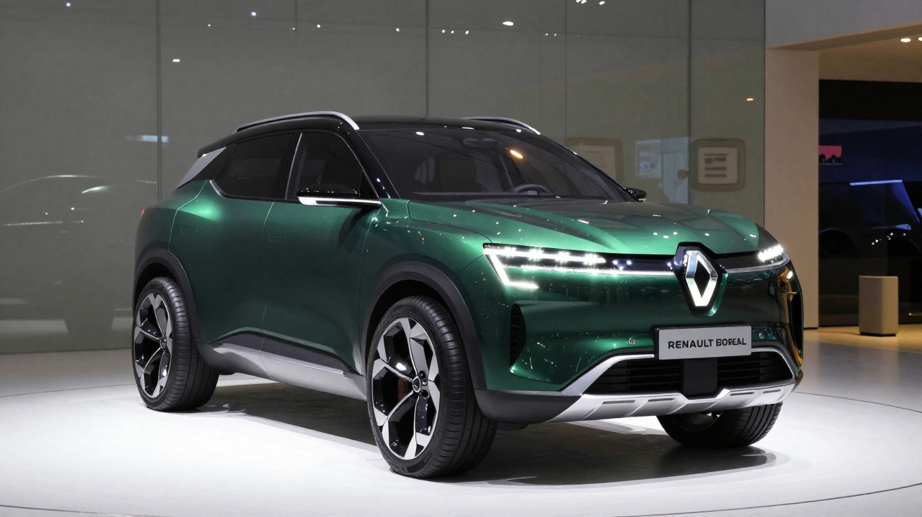 Grüner Renault E-Tech Elektro-SUV auf beleuchtetem Messestand mit moderner Front und LED-Scheinwerfern.