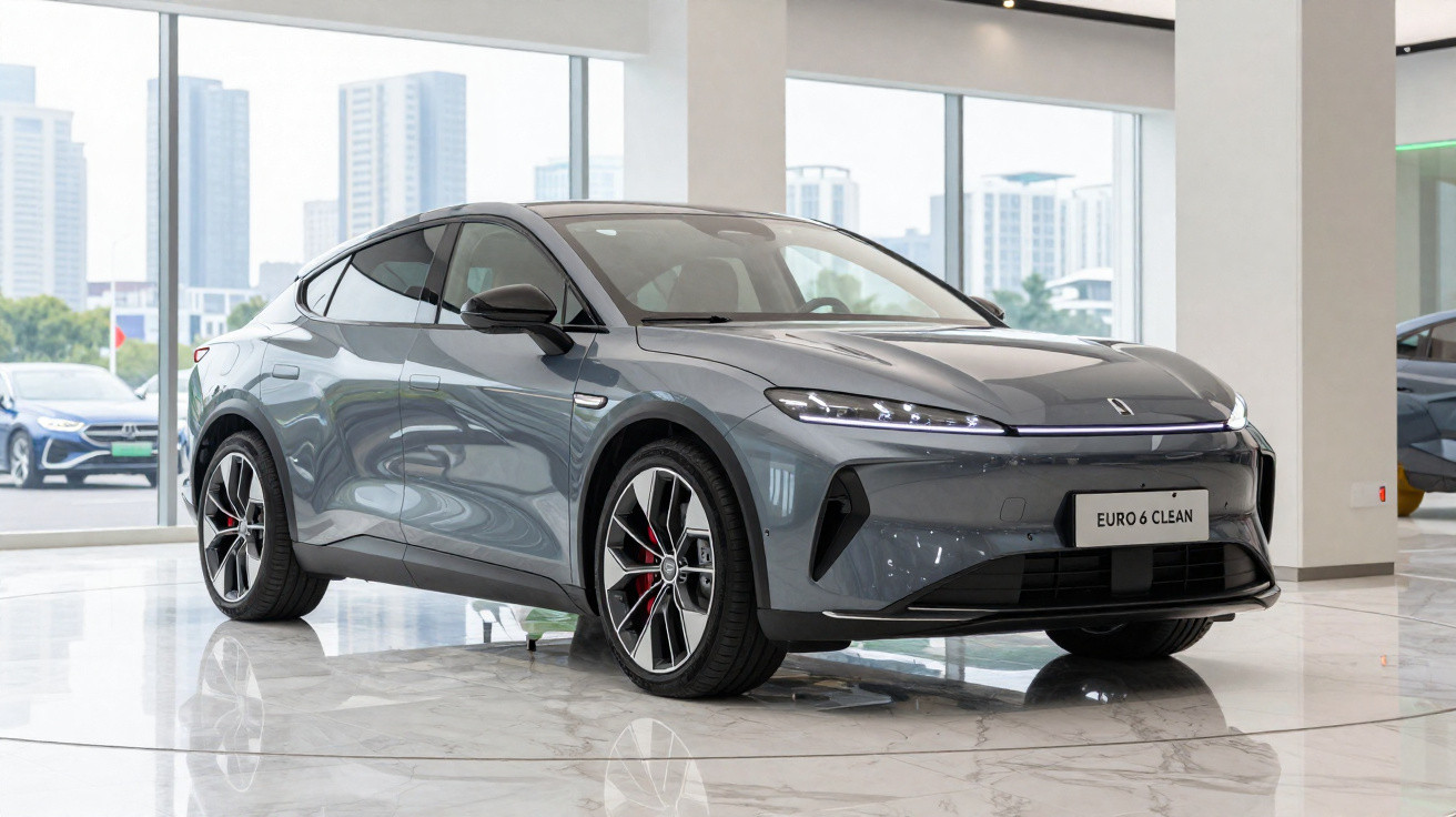 Graues Elektroauto mit sportlichem Design steht in hellen, modernen Autohaus vor großen Fenstern.