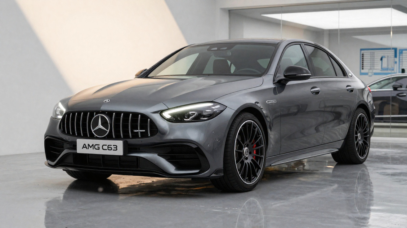 Grauer Mercedes-AMG C63 Sportwagen in moderner, heller Garage mit Spiegelwand.