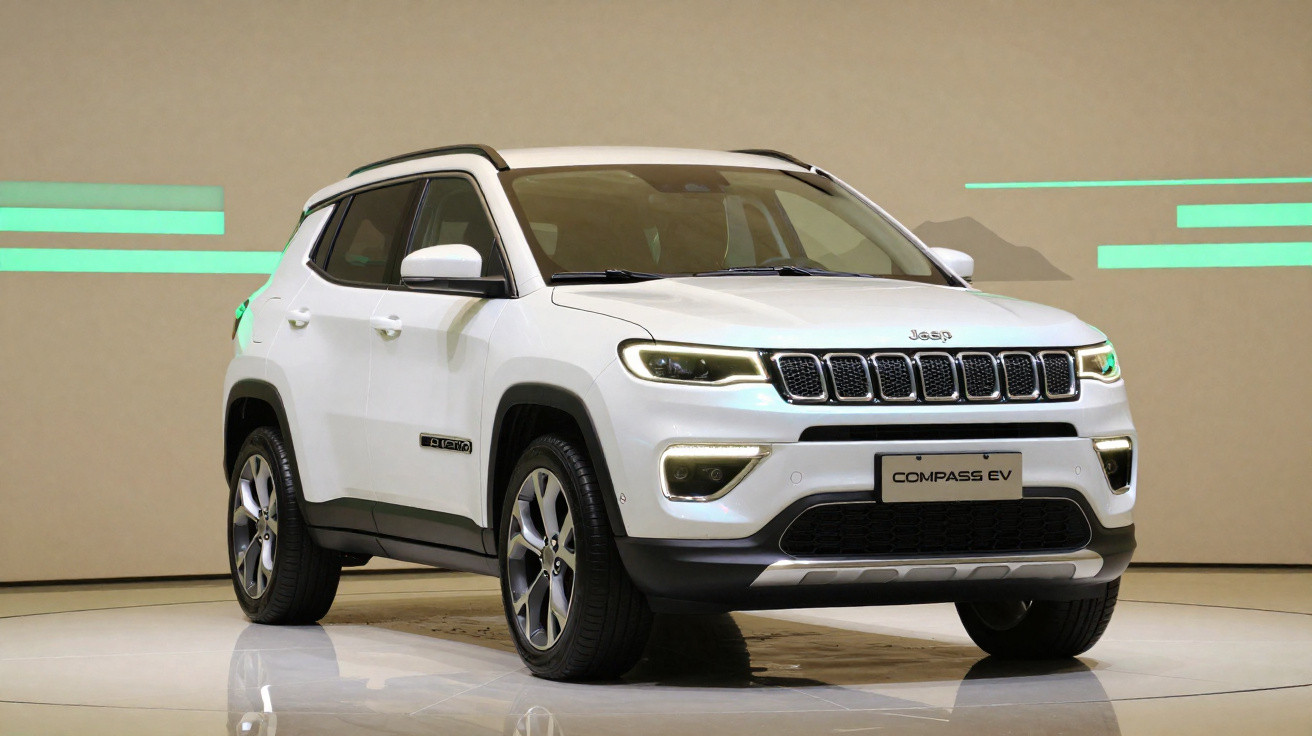 Weißer Jeep Compass EV Elektro-SUV auf Präsentationsfläche vor neutralem Hintergrund.