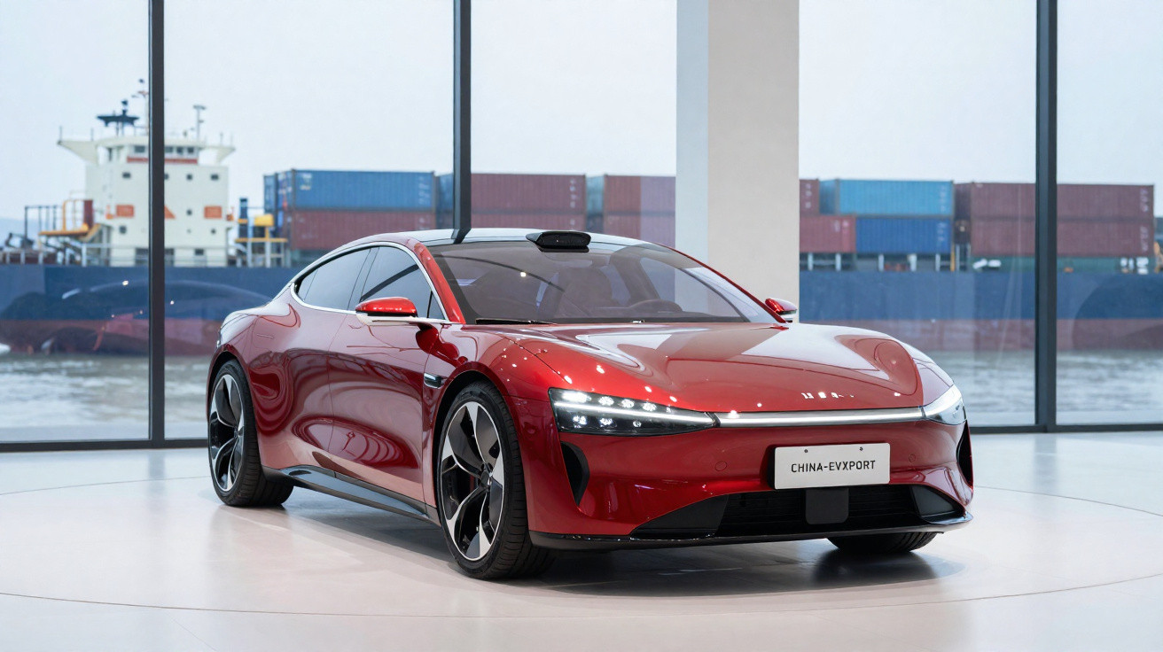Rotes Elektroauto in moderner Ausstellung mit Blick auf einen Containerfrachter im Hafen dahinter.