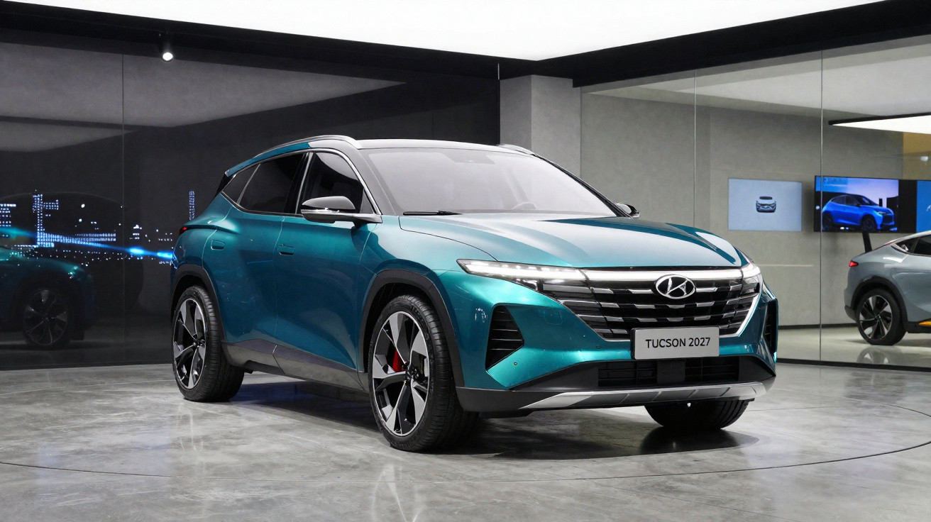 Blauer Hyundai Tucson 2027 SUV in Ausstellung mit Spiegelungswänden und moderner Beleuchtung