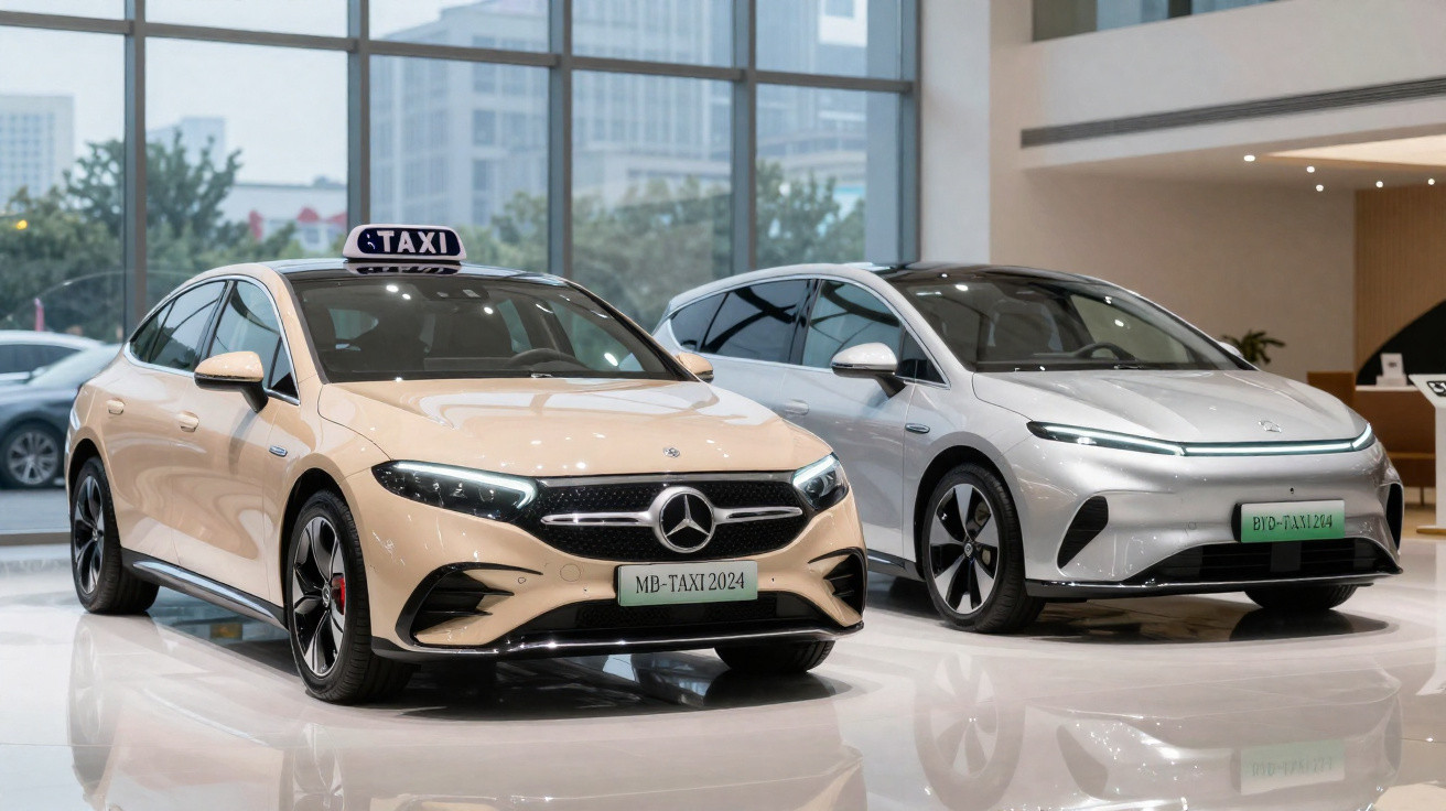 Zwei moderne Elektroautos als Taxis in einem hellen Showroom, links Mercedes, rechts BYD.