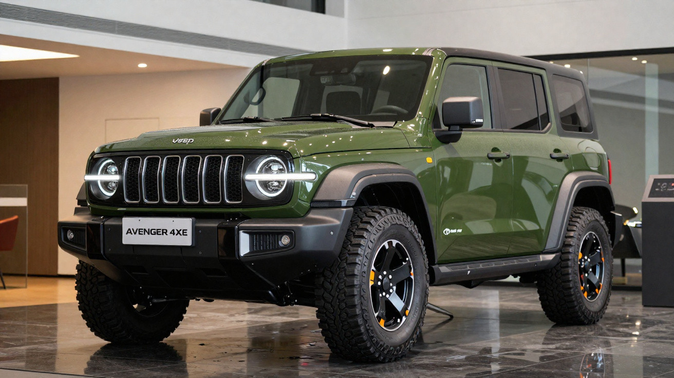 Grüner Jeep Avenger 4XE SUV mit groben Reifen in einem modernen Showroom.