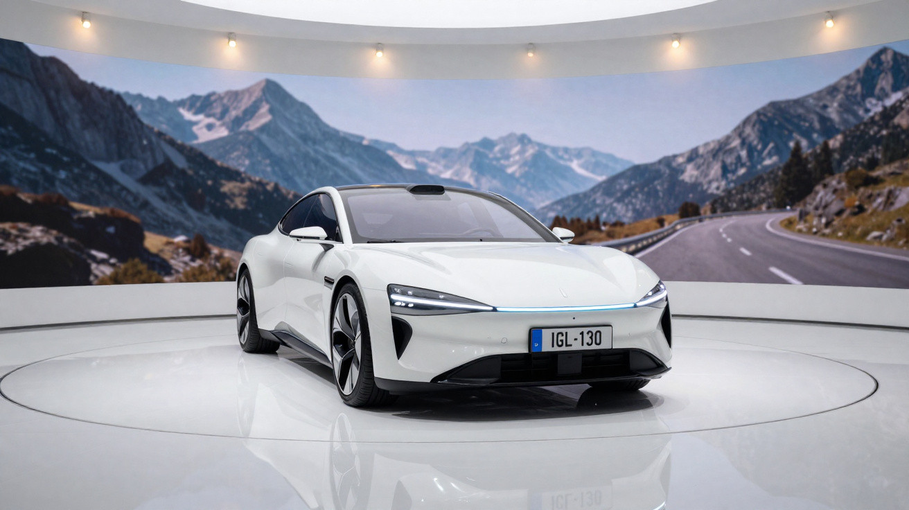 Weißes Elektroauto auf drehbarer Ausstellung mit Bergstraße und Bergen im Hintergrund.