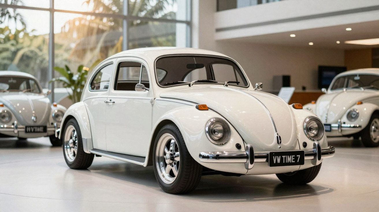 Weißer Volkswagen Käfer Oldtimer in einer modernen Ausstellungshalle mit weiteren Fahrzeugen im Hintergrund.