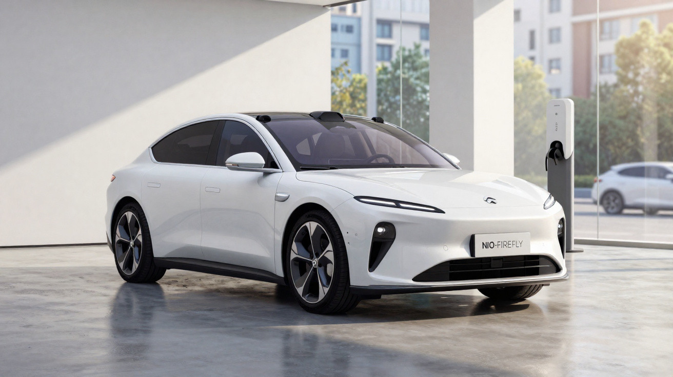 Weißes Elektroauto NIO FIREFLY steht an Ladestation in modernem, hellen Parkhaus mit Stadtblick.