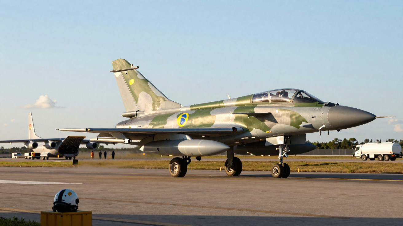 Kampfjet mit grüner und grauer Tarnung auf Startbahn bei klarem Himmel, Nahaufnahme von rechts.
