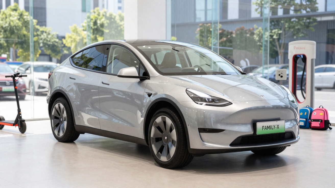 Silberner Tesla Model Y steht in hellem Raum neben E-Roller und Ladestation, im Hintergrund Stadtszenen.