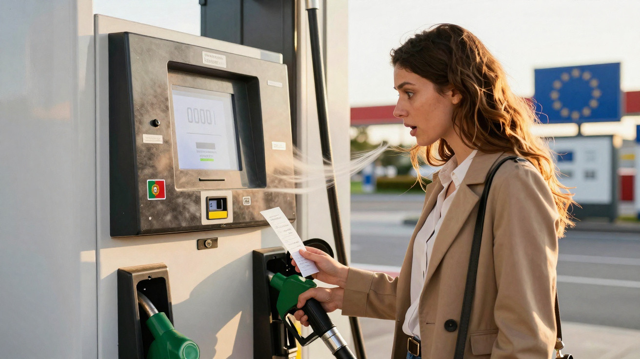 Frau an Tankstelle blickt überrascht auf Kassenzettel, Gaszapfsäule mit Belegspender im Sonnenschein.