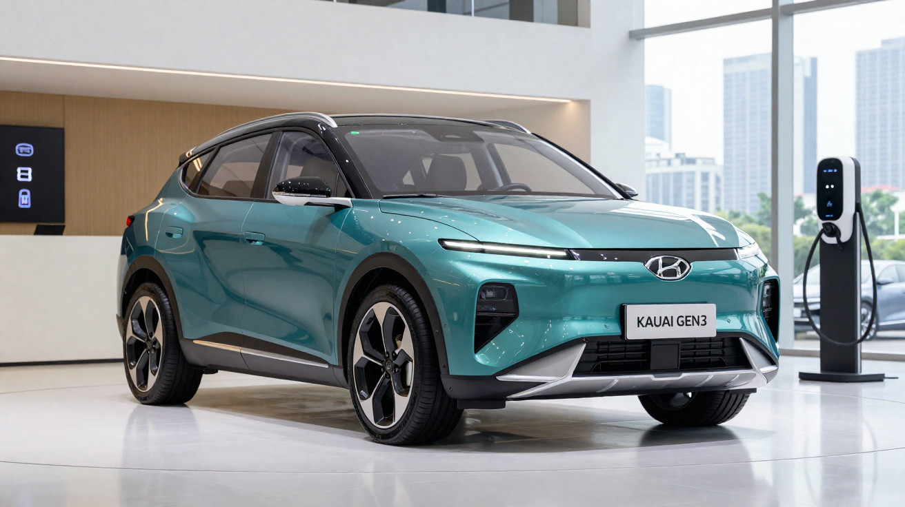 Blaugrüner Hyundai Kauai Gen3 Elektro-SUV in Ausstellungshalle neben Ladestation.