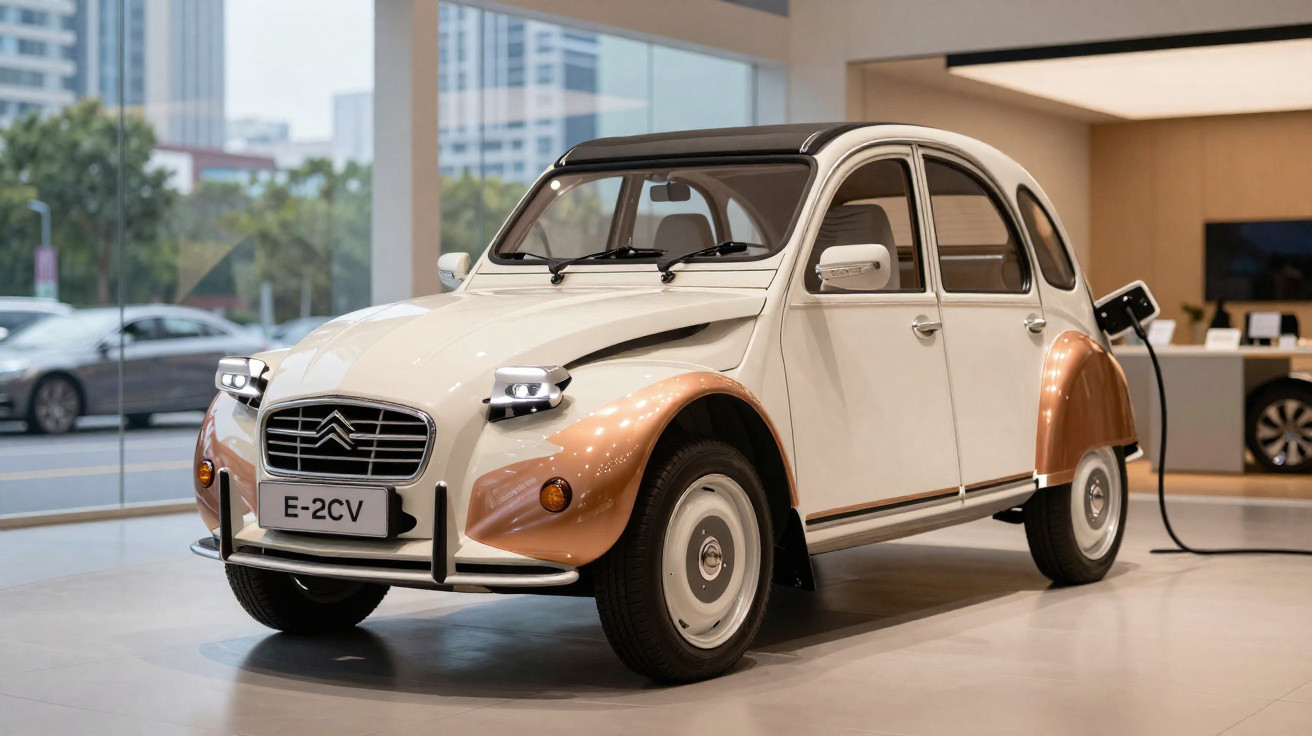 Weißer Citroën E-2CV Elektroauto im Showroom mit Ladekabel an der Rückseite angeschlossen.