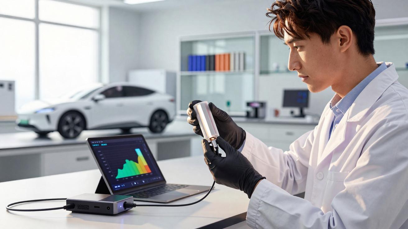 Wissenschaftler im Labor untersucht eine Batterie mit angeschlossenem Messgerät und Laptop mit farbigen Diagrammen.