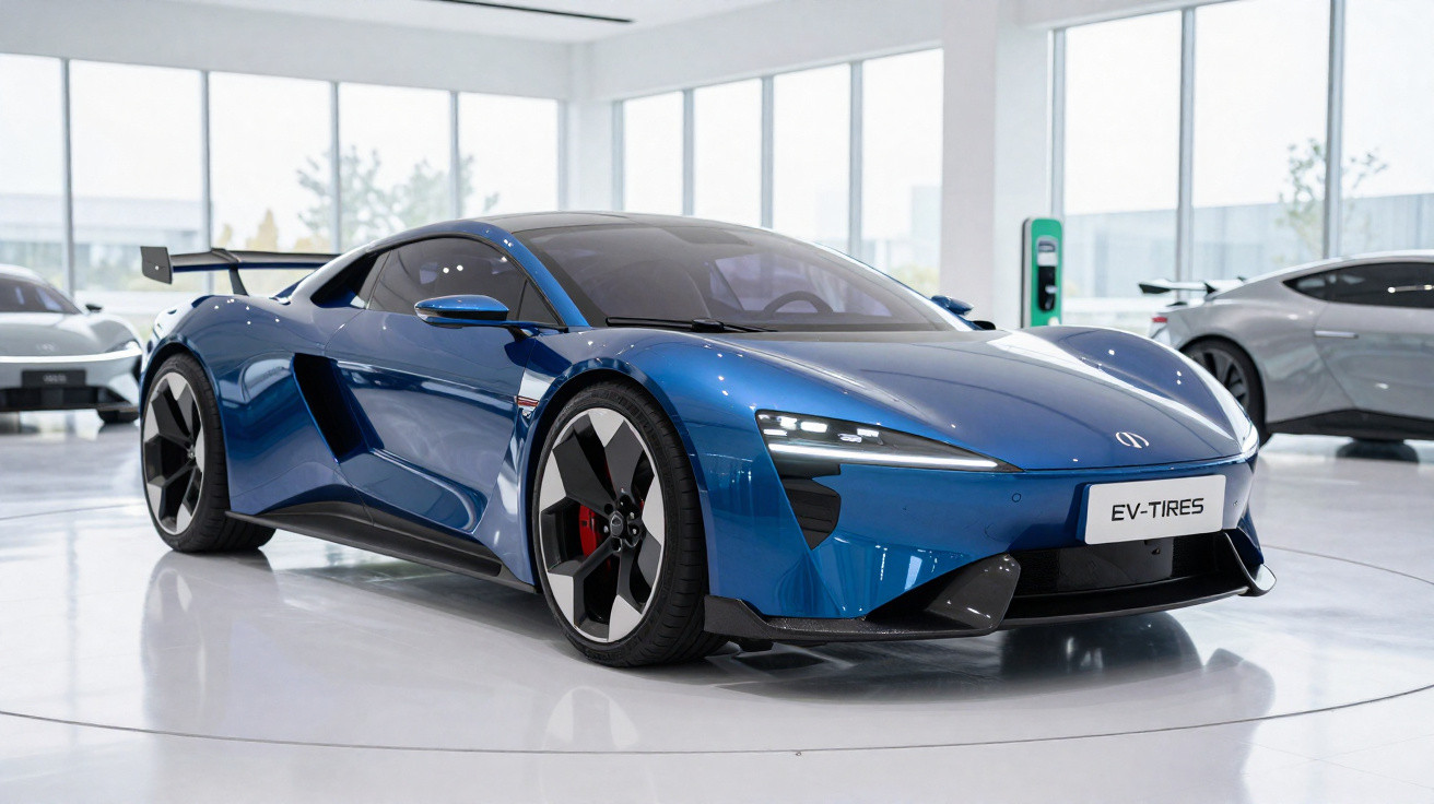 Blauer sportlicher Elektro-Supersportwagen in hellem Ausstellungsraum mit großen Fenstern und anderen Autos.
