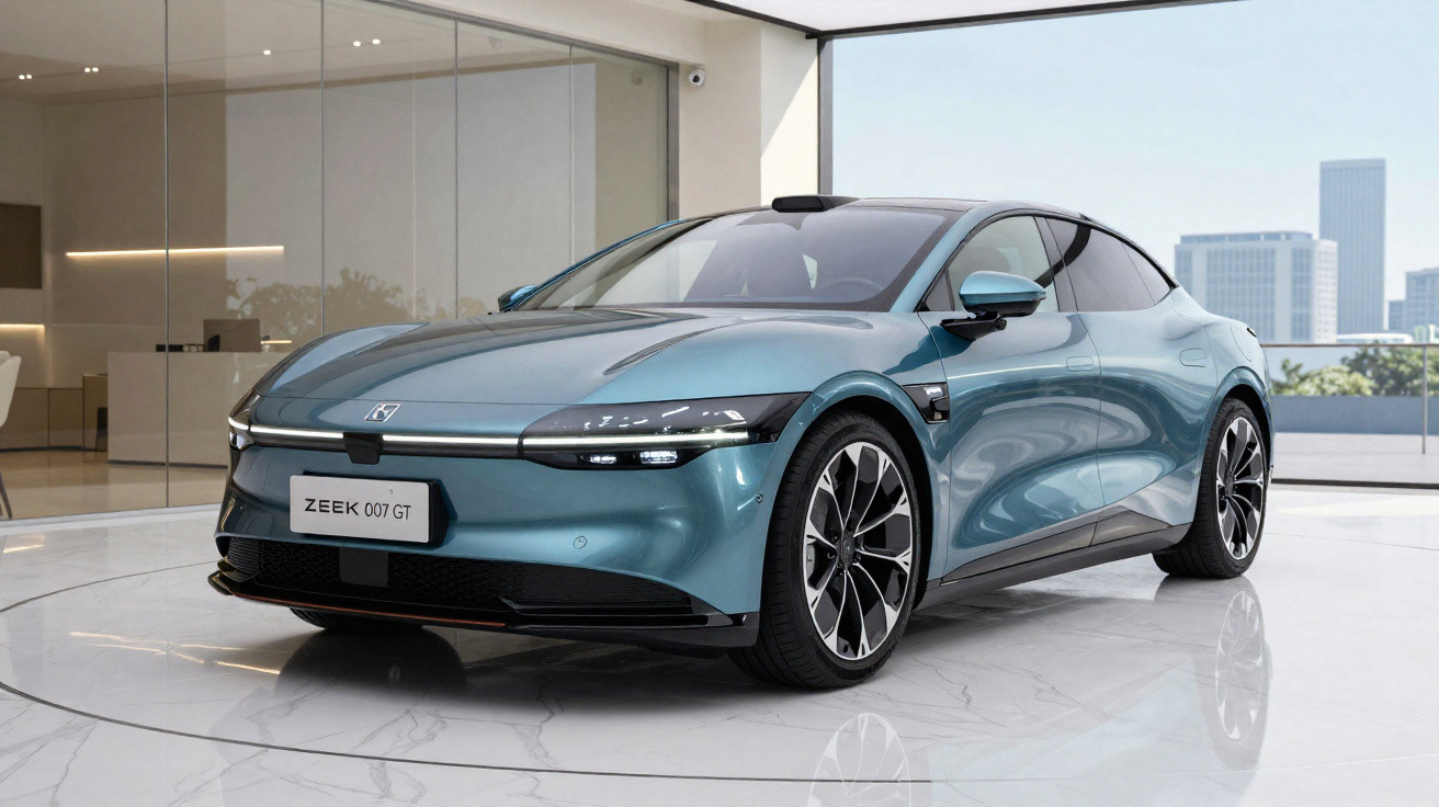 Blauer ZEEK 007 GT Elektro-Sportwagen in modernem Showroom mit Glaswänden und Stadtblick.