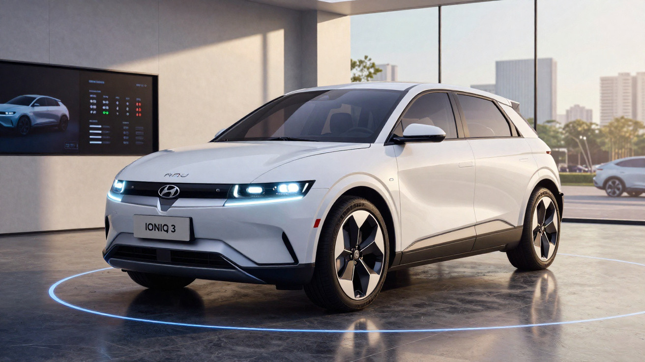 Weißer Hyundai Ioniq 3 Elektroauto in modernem Showroom mit großen Fenstern und Stadtblick.
