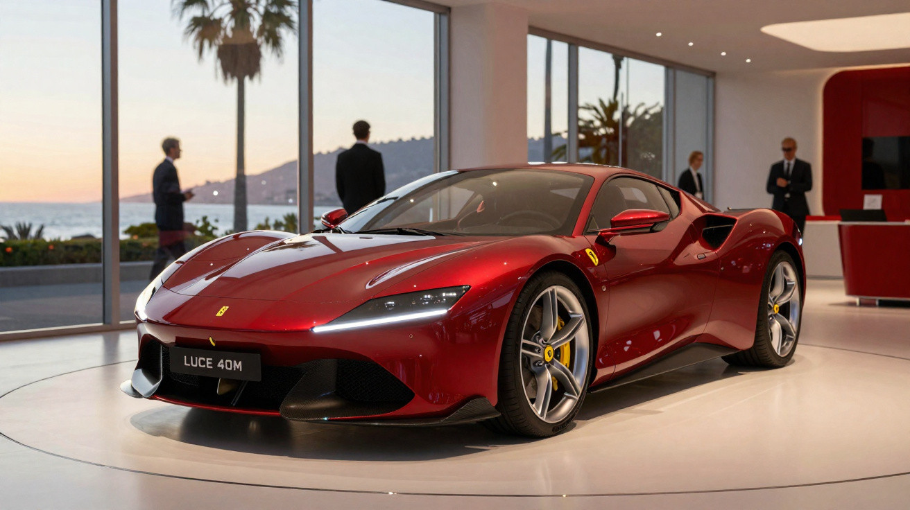 Roter Ferrari Luce 40M Sportwagen in einem modernen Ausstellungsraum mit großen Fenstern und Personen im Hintergrund.