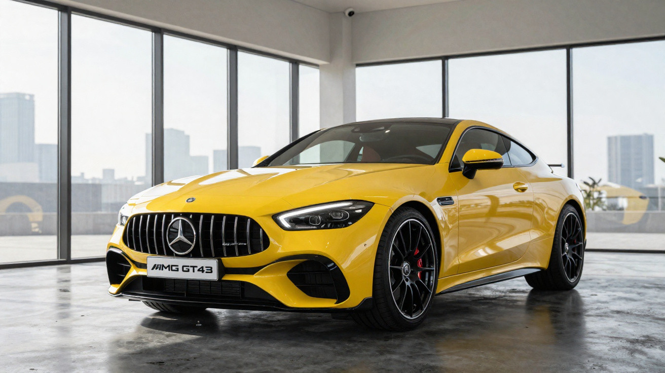 Gelber Mercedes AMG GT43 Sportwagen in einem modernen, großen Glasraum mit Stadtblick.